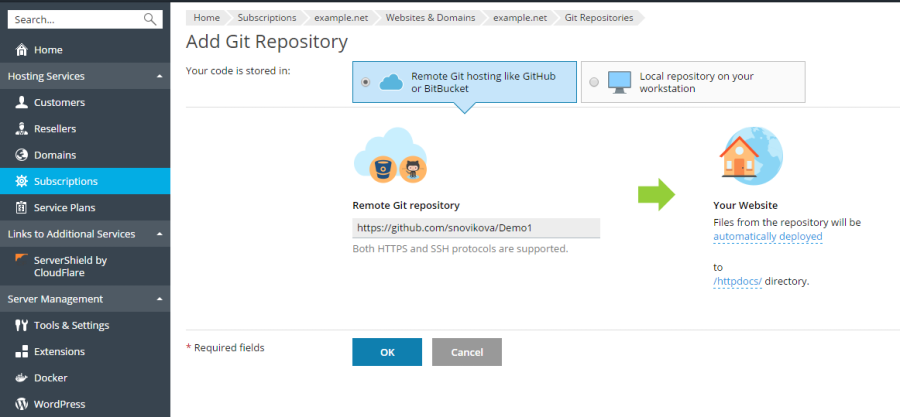 Using remote Git hosting  Plesk Obsidian documentation