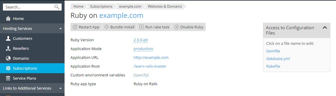 Plesk Image demonstrating how to enable ruby for your website