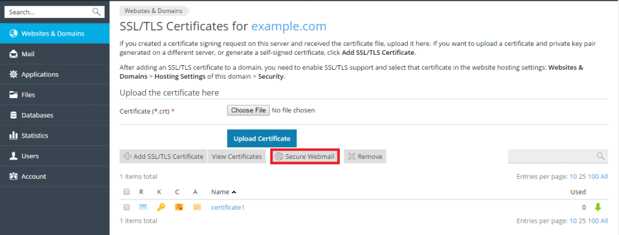 Protecting Webmail with an SSL TLS Certificate Plesk Obsidian