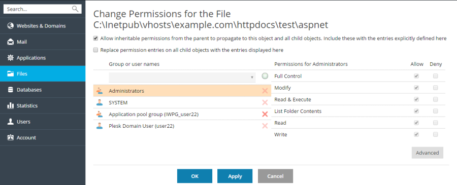 Setting File and Directory Access Permissions Plesk Onyx