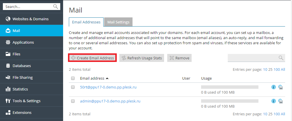 Plesk Create Email Address
