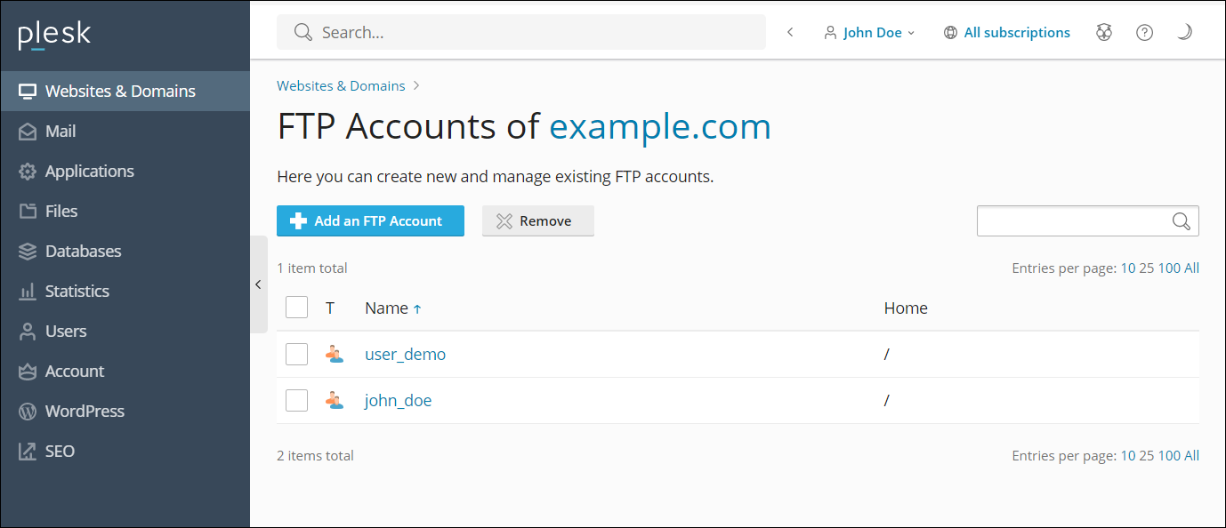 Ajouter Des Comptes FTP | Plesk Obsidian Documentation