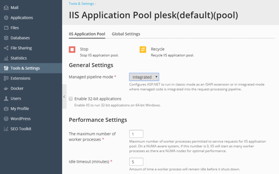 Iis アプリケーションプール Plesk Obsidian Documentation