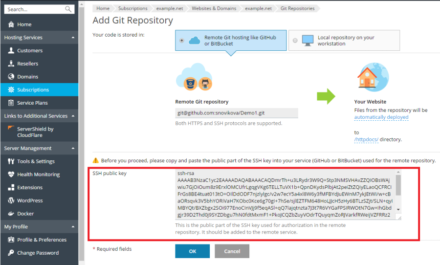 リモート Git ホスティングを使用する Plesk Obsidian Documentation