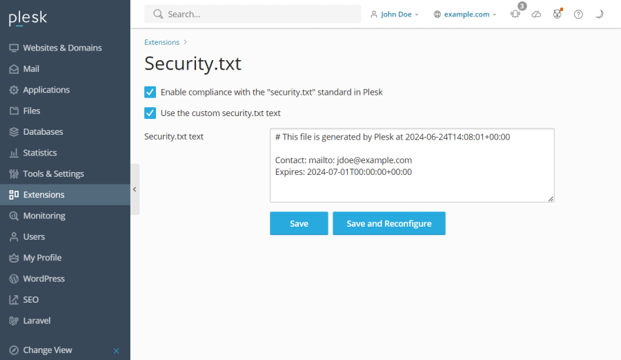 Security.txt 標準の遵守 | Plesk Obsidian documentation