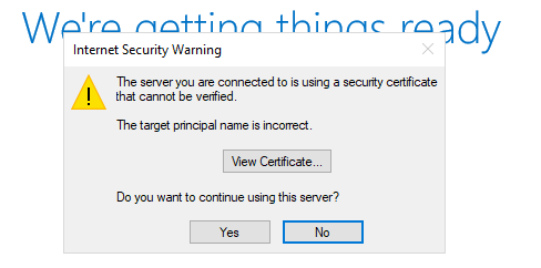 A possible warning that the Plesk server uses an SSL/TLS certificate that cannot be verified.