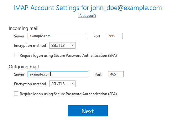 Microsoft Office Outlook automatically detects the email address settings. If necessary, change the settings for incoming and outgoing mail (for example, the server name and the port numbers) and then click the "Next" button.