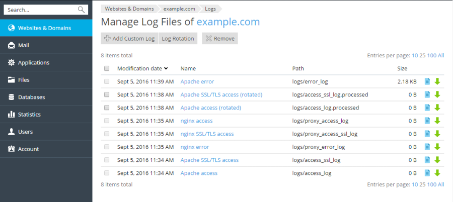 ログファイル Plesk Onyx Documentation